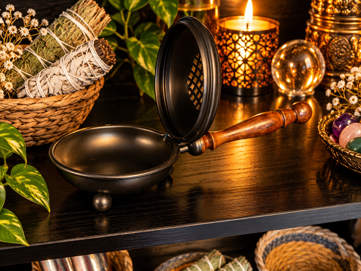 Large Black Incense Burner with Wooden Handle