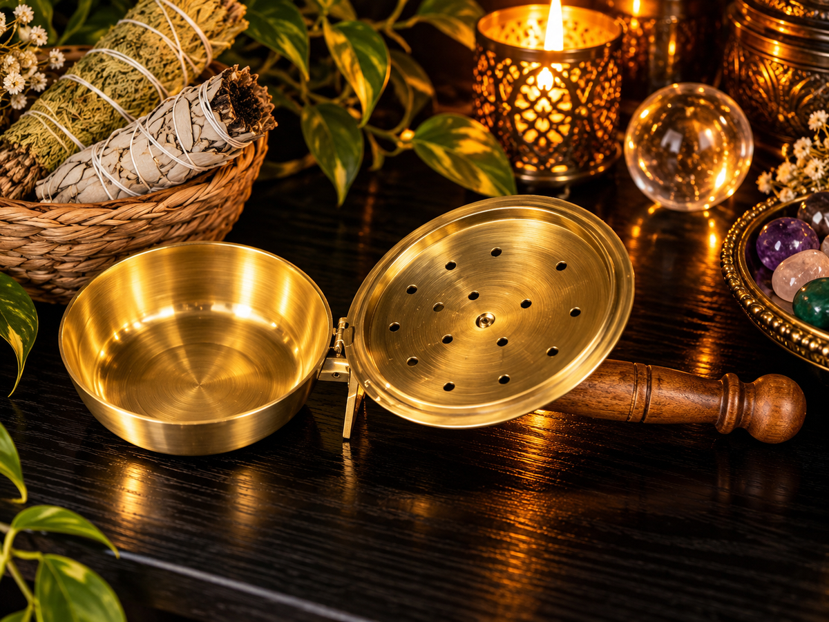 Tree of Life Brass Incense Burner with Wooden Handle