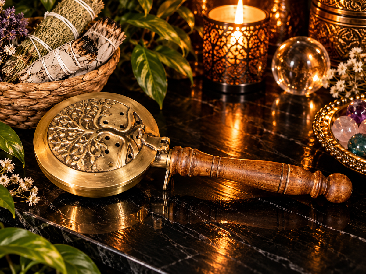 Tree of Life Brass Incense Burner with Wooden Handle