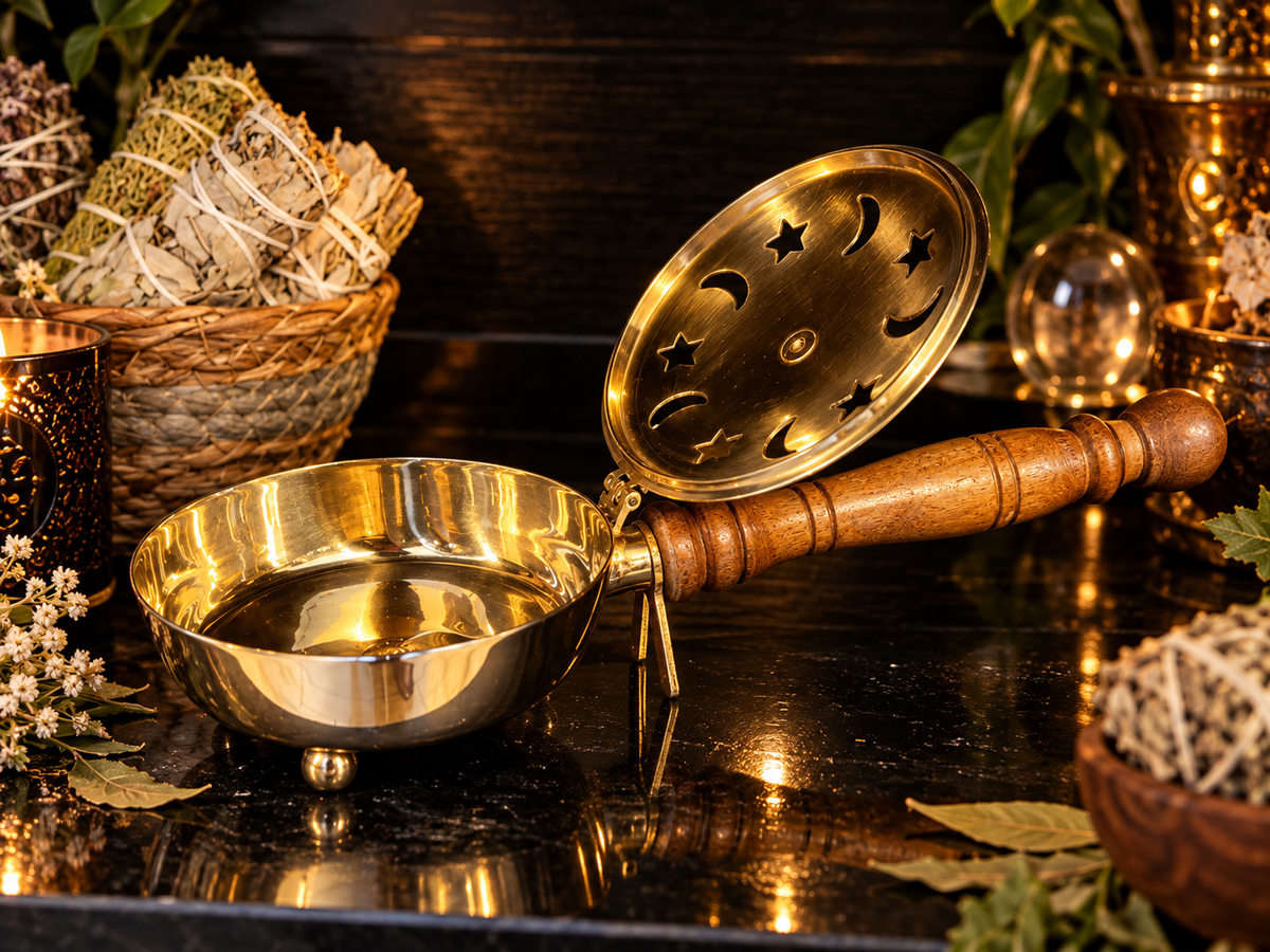Sun & Moon Brass Incense Burner with Wooden Handle
