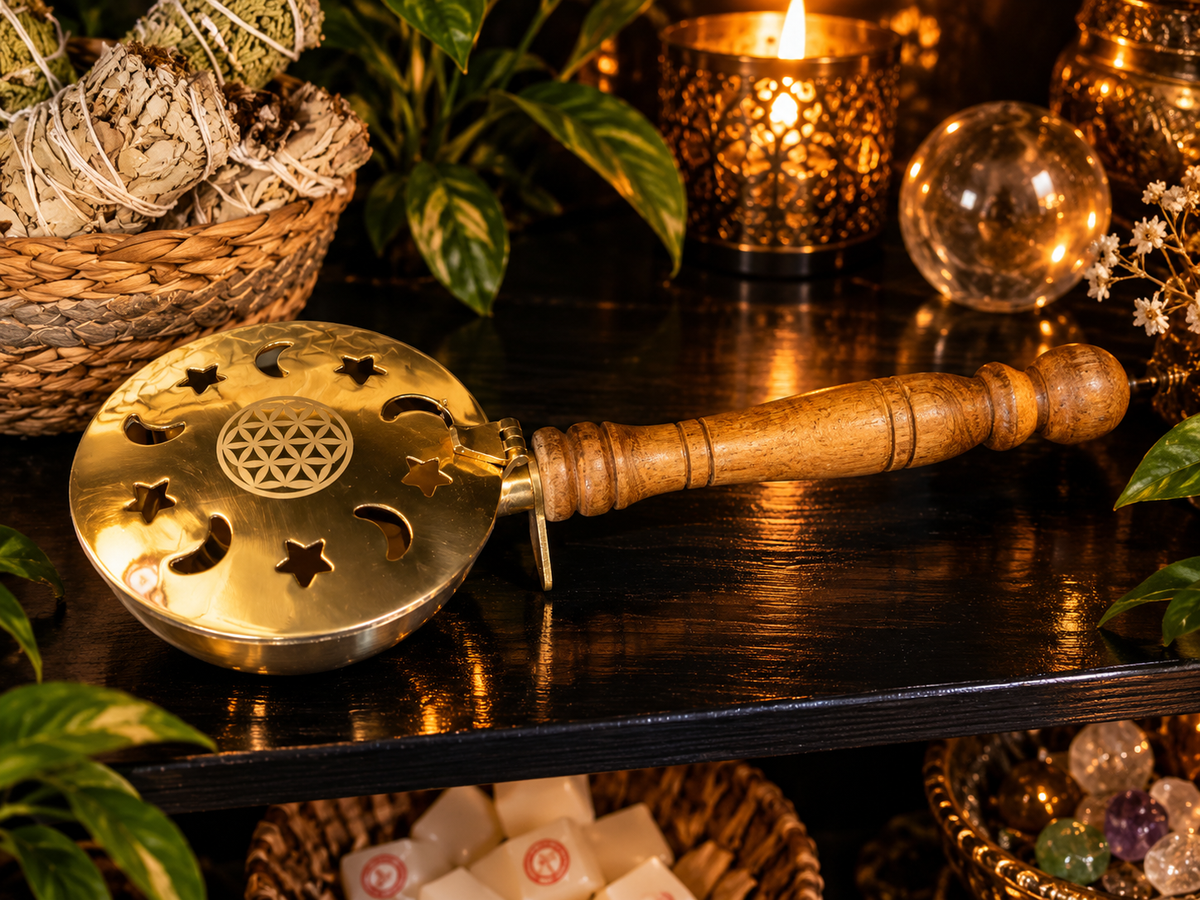 Sun & Moon Brass Incense Burner with Wooden Handle