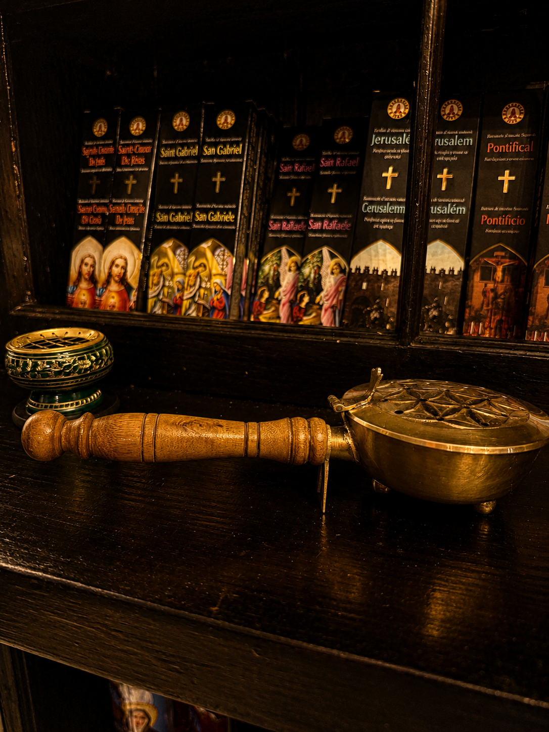 Flower of Life Brass Incense Burner with Wooden Handle
