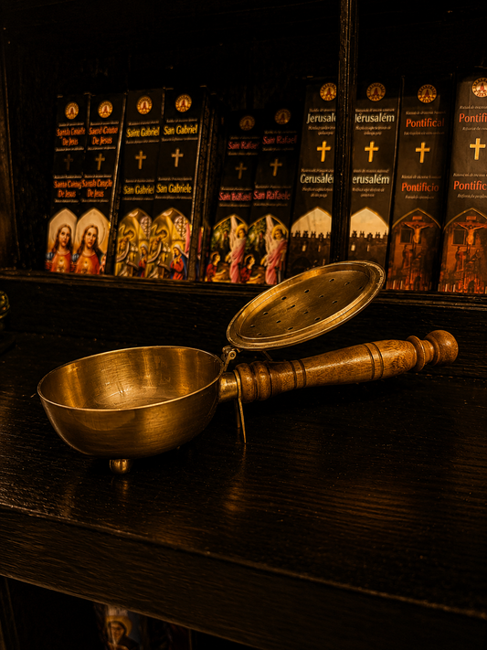 Flower of Life Brass Incense Burner with Wooden Handle
